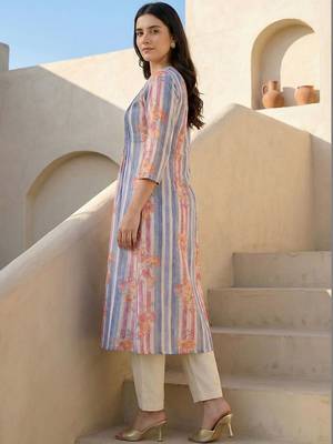 Women Printed Regular Beads and Stones Pure Cotton Kurta with Trousers 4