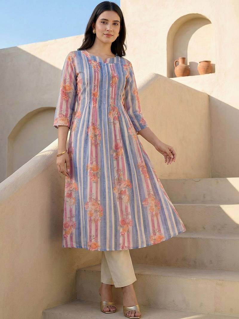 Women Printed Regular Beads and Stones Pure Cotton Kurta with Trousers