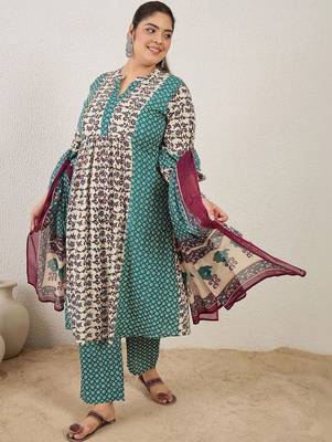 Plus Size Multi Printed A-Line Kurta Trousers With Dupatta Set 1