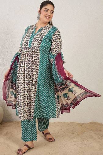 Plus Size Multi Printed A-Line Kurta Trousers With Dupatta Set