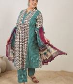 Plus Size Multi Printed A-Line Kurta Trousers With Dupatta Set