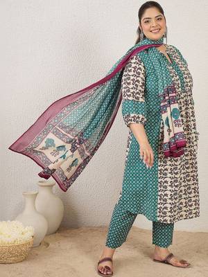 Plus Size Multi Printed A-Line Kurta Trousers With Dupatta Set 3
