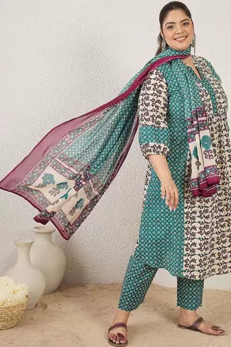 Plus Size Multi Printed A-Line Kurta Trousers With Dupatta Set
