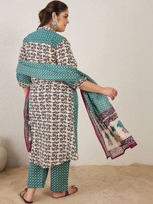 Plus Size Multi Printed A-Line Kurta Trousers With Dupatta Set 4