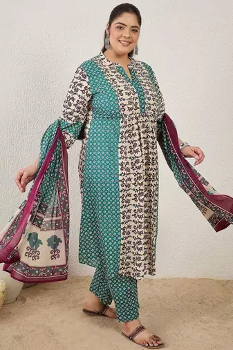 Plus Size Multi Printed A-Line Kurta Trousers With Dupatta Set