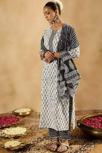 Floral Printed Mirror Work Pure Cotton Kurta with Palazzos & With Dupatta