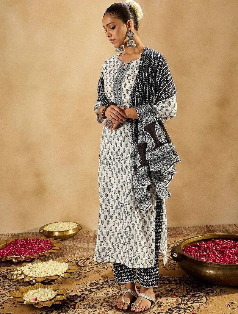 Floral Printed Mirror Work Pure Cotton Kurta with Palazzos & With Dupatta