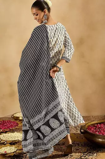 Floral Printed Mirror Work Pure Cotton Kurta with Palazzos & With Dupatta