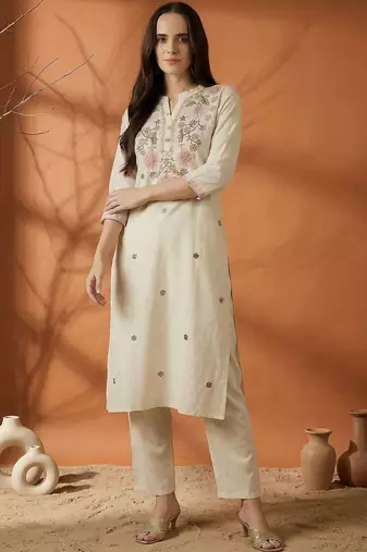 Women Floral Embroidered Regular Thread Work Pure Cotton Kurta with Trousers