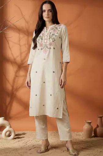 Women Floral Embroidered Regular Thread Work Pure Cotton Kurta with Trousers