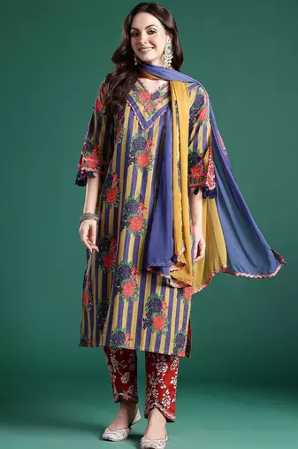 Floral Printed Regular Pure Cotton Kurta with Trousers & Dupatta