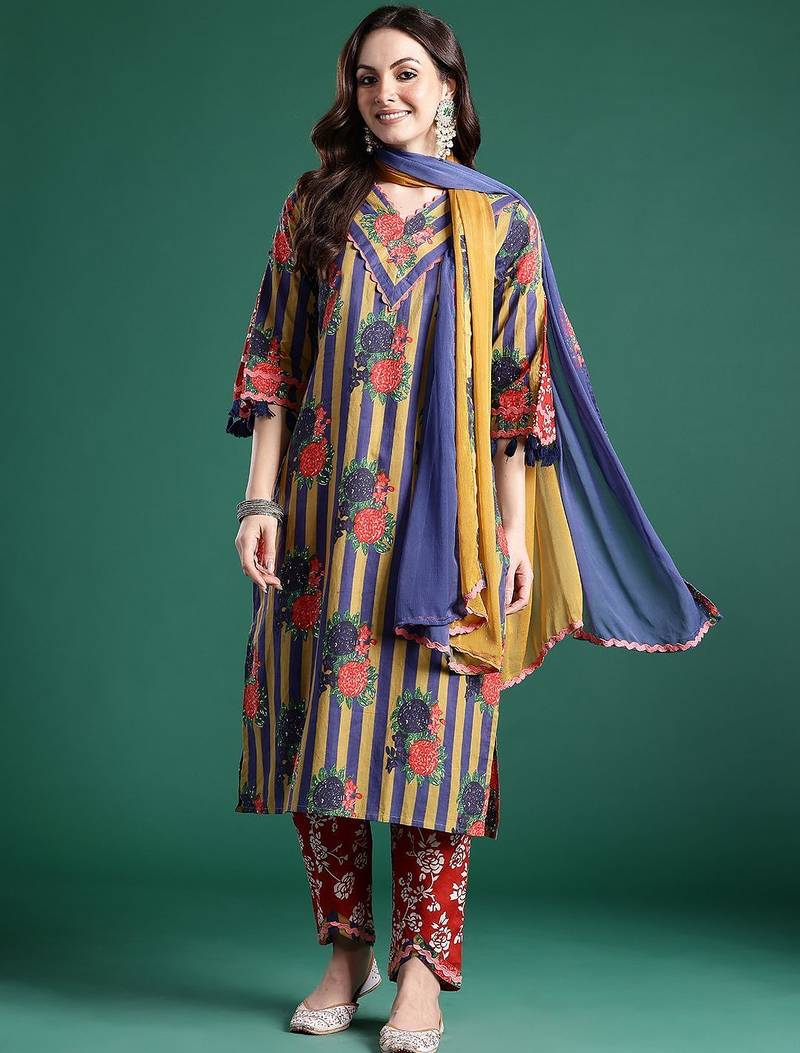 Floral Printed Regular Pure Cotton Kurta with Trousers & Dupatta