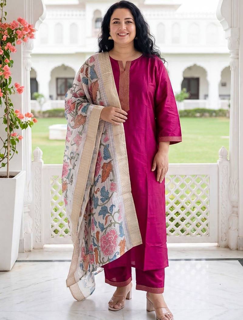 Women Regular Thread Work Kurta with Trousers & With Dupatta