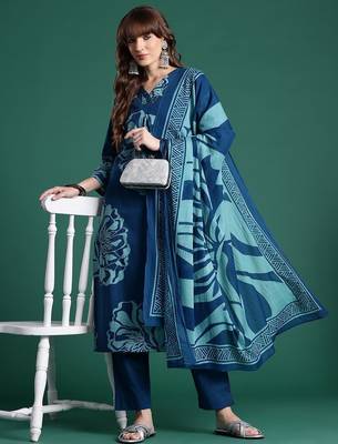 Floral Printed Pure Cotton Kurta With Trousers & Dupatta 1
