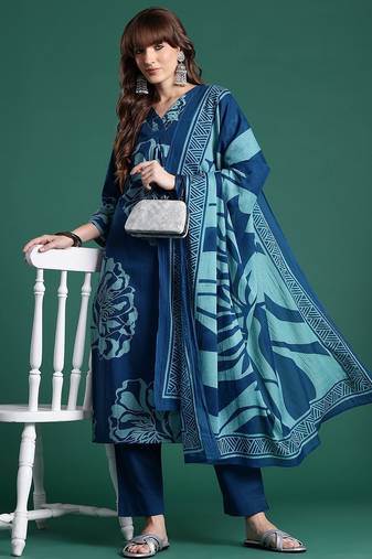 Floral Printed  Cotton Kurta With Trousers & Dupatta