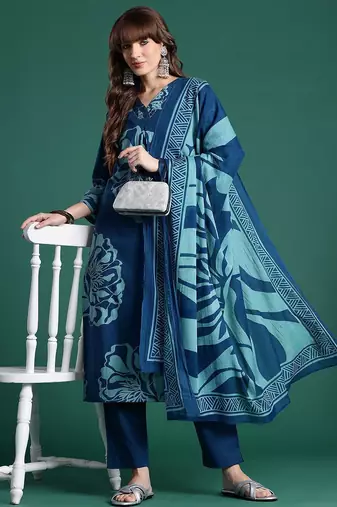 Floral Printed Pure Cotton Kurta With Trousers & Dupatta