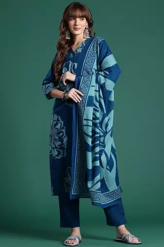 Floral Printed Pure Cotton Kurta With Trousers & Dupatta