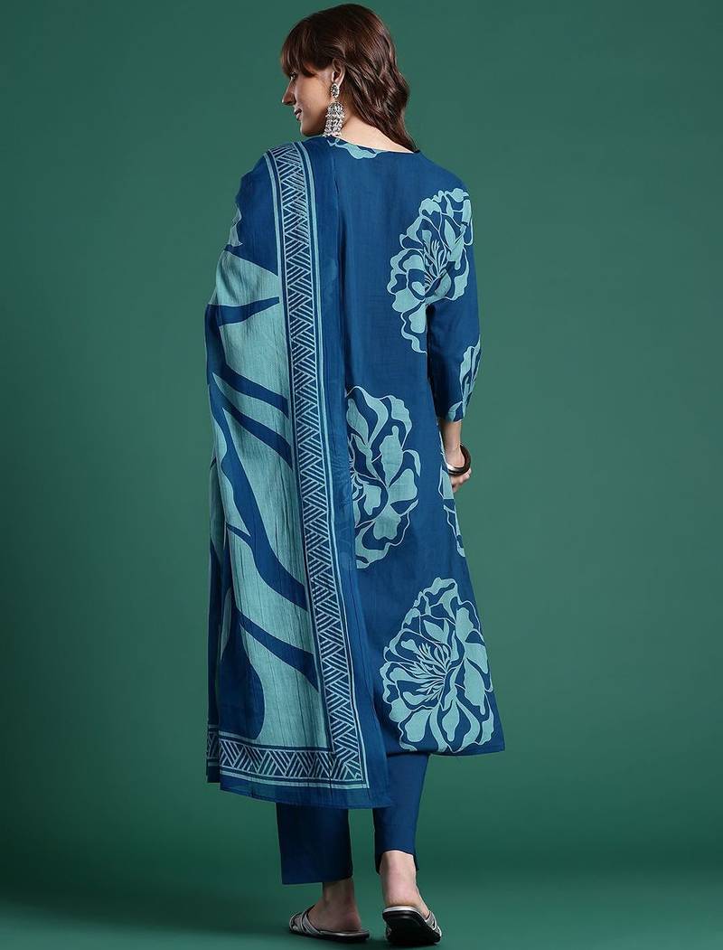 Floral Printed Pure Cotton Kurta With Trousers & Dupatta