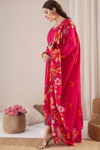Women Floral Printed Regular Pure Cotton Kurta with Trousers & Dupatta