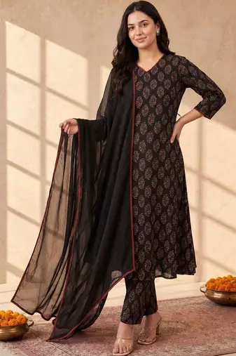 Women Ethnic Motifs Printed Regular Pure Cotton Kurta with Trousers & With Dupatta