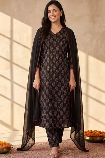 Women Ethnic Motifs Printed Regular Pure Cotton Kurta with Trousers & With Dupatta