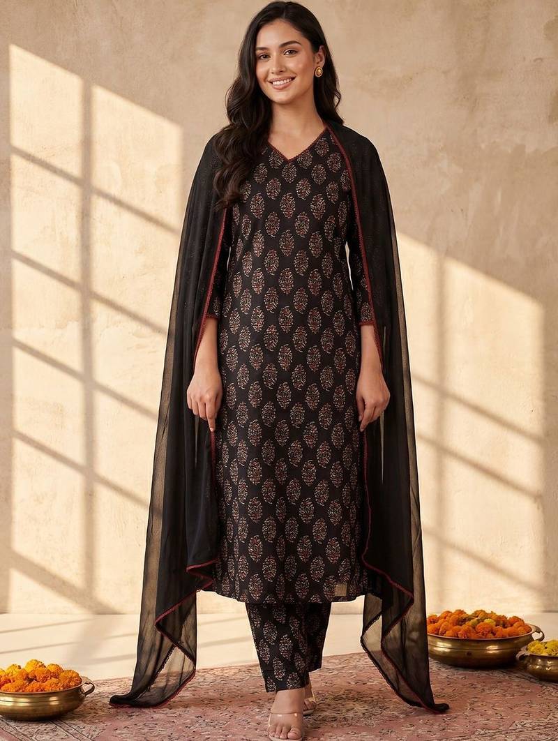 Women Ethnic Motifs Printed Regular Pure Cotton Kurta with Trousers & With Dupatta