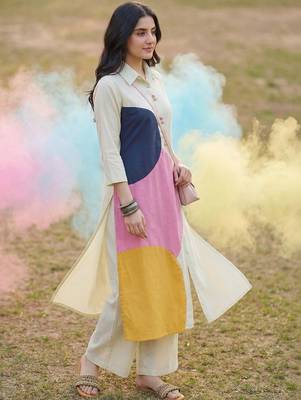 Women Colourblocked Regular Pure Cotton Kurta with Palazzos 1