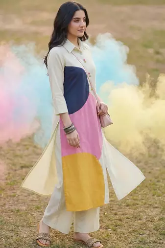 Women Colourblocked Regular Pure Cotton Kurta with Palazzos