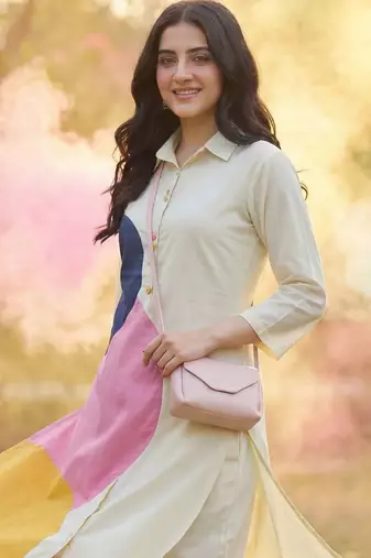 Women Colourblocked Regular Pure Cotton Kurta with Palazzos