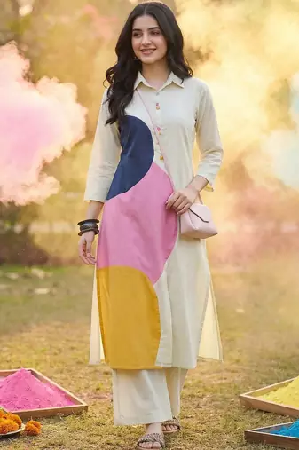 Women Colourblocked Regular Pure Cotton Kurta with Palazzos