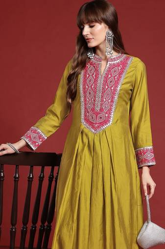 Mirror Work Embroidered Pleated Work Kurta with Trousers