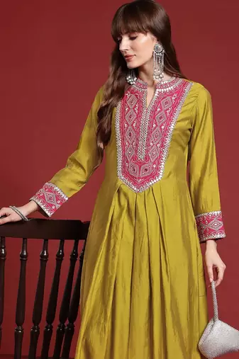 Mirror Work Embroidered Pleated Work Kurta with Trousers