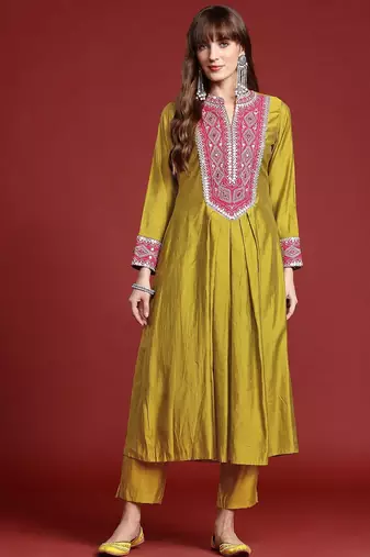 Mirror Work Embroidered Pleated Work Kurta with Trousers