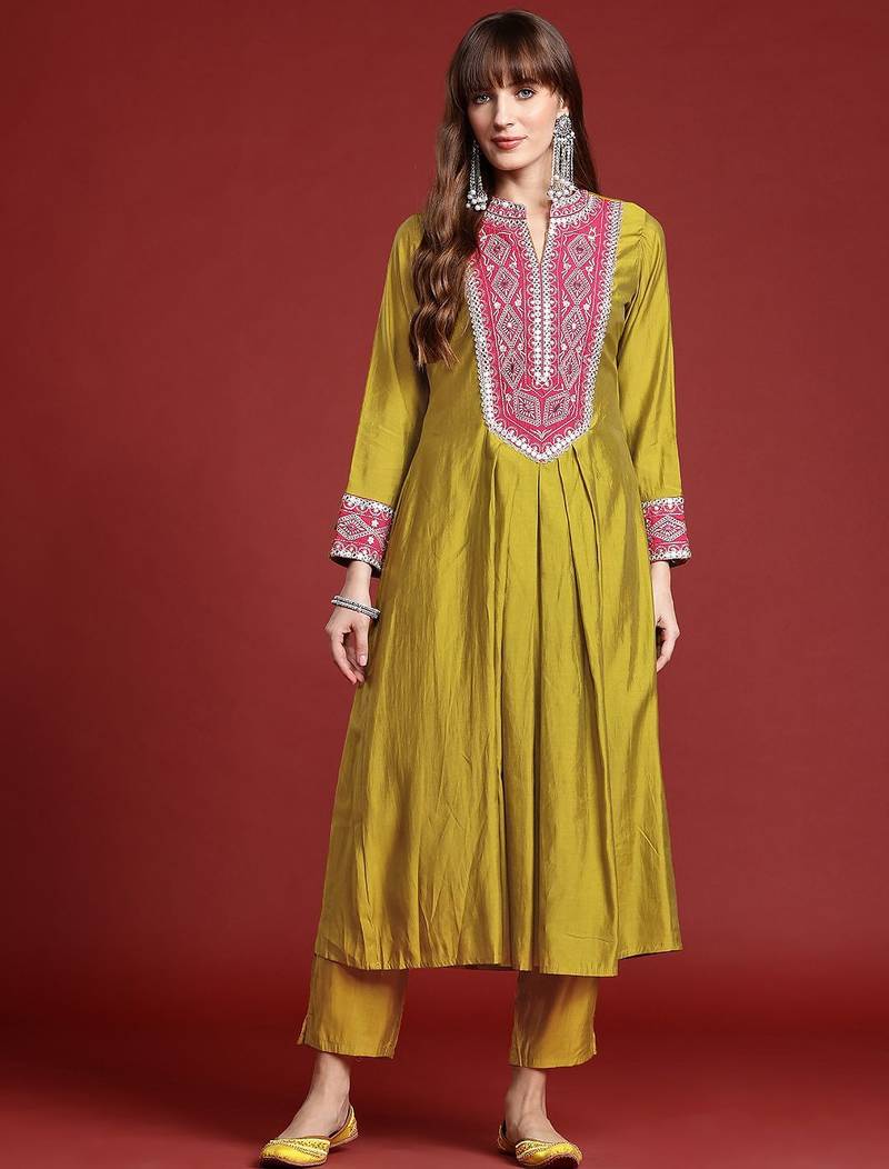Mirror Work Embroidered Pleated Work Kurta with Trousers