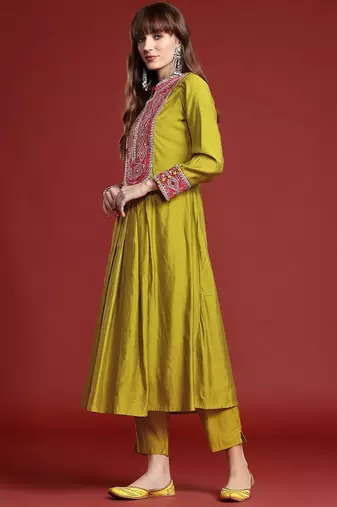 Mirror Work Embroidered Pleated Work Kurta with Trousers