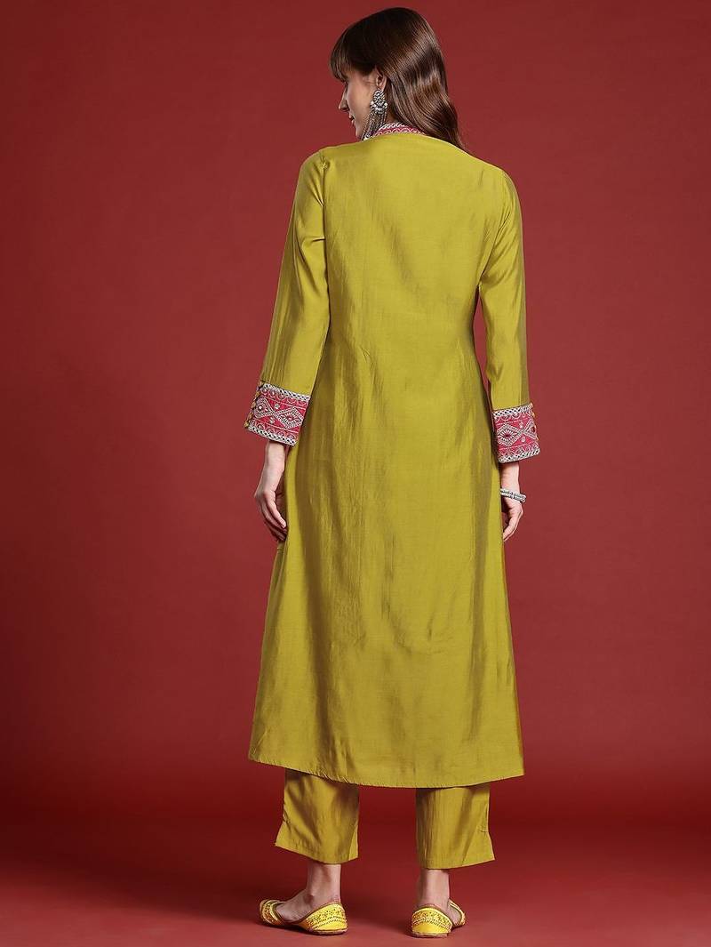 Mirror Work Embroidered Pleated Work Kurta with Trousers