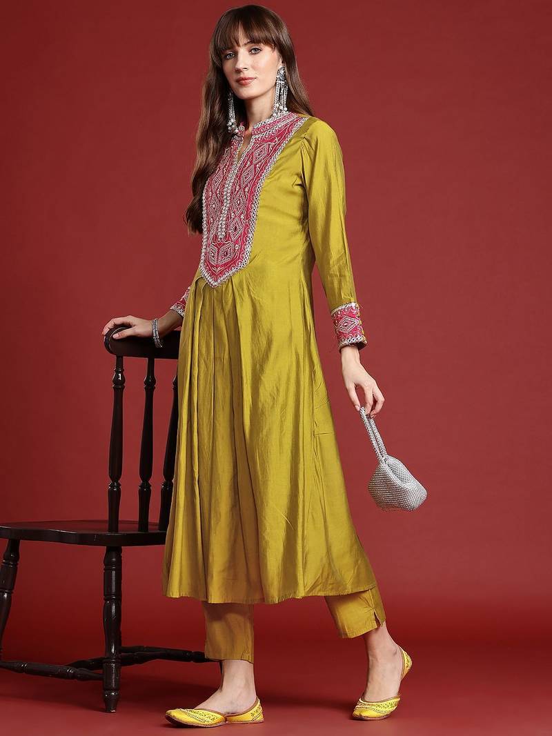 Mirror Work Embroidered Pleated Work Kurta with Trousers