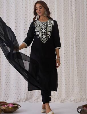 Ethnic Embroidered Round Neck Straight Kurta with Trousers & Dupatta 1