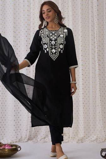 Ethnic Embroidered Round Neck Straight Kurta with Trousers & Dupatta