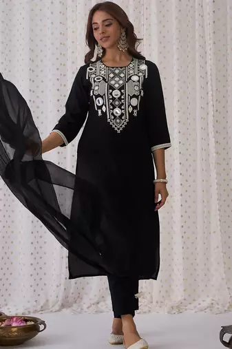 Ethnic Embroidered Round Neck Straight Kurta with Trousers & Dupatta