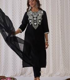 Ethnic Embroidered Round Neck Straight Kurta with Trousers & Dupatta