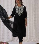 Ethnic Embroidered Round Neck Straight Kurta with Trousers & Dupatta