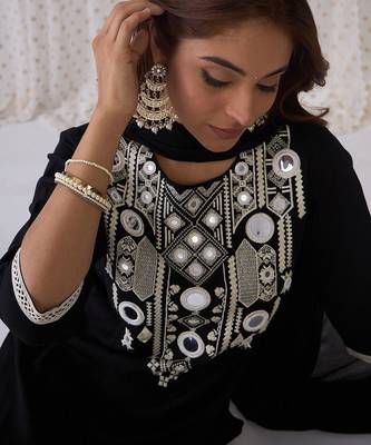 Ethnic Embroidered Round Neck Straight Kurta with Trousers & Dupatta 2