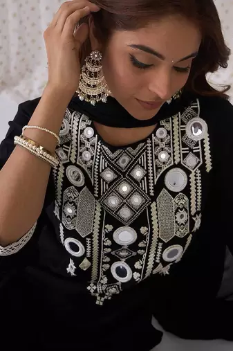 Ethnic Embroidered Round Neck Straight Kurta with Trousers & Dupatta