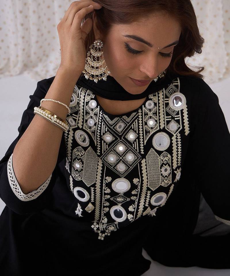 Ethnic Embroidered Round Neck Straight Kurta with Trousers & Dupatta