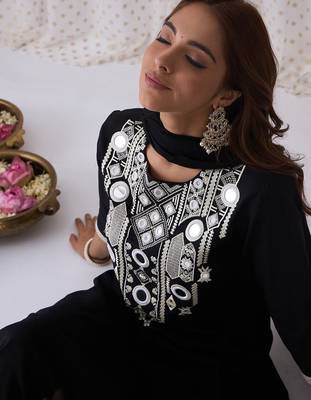 Ethnic Embroidered Round Neck Straight Kurta with Trousers & Dupatta 7