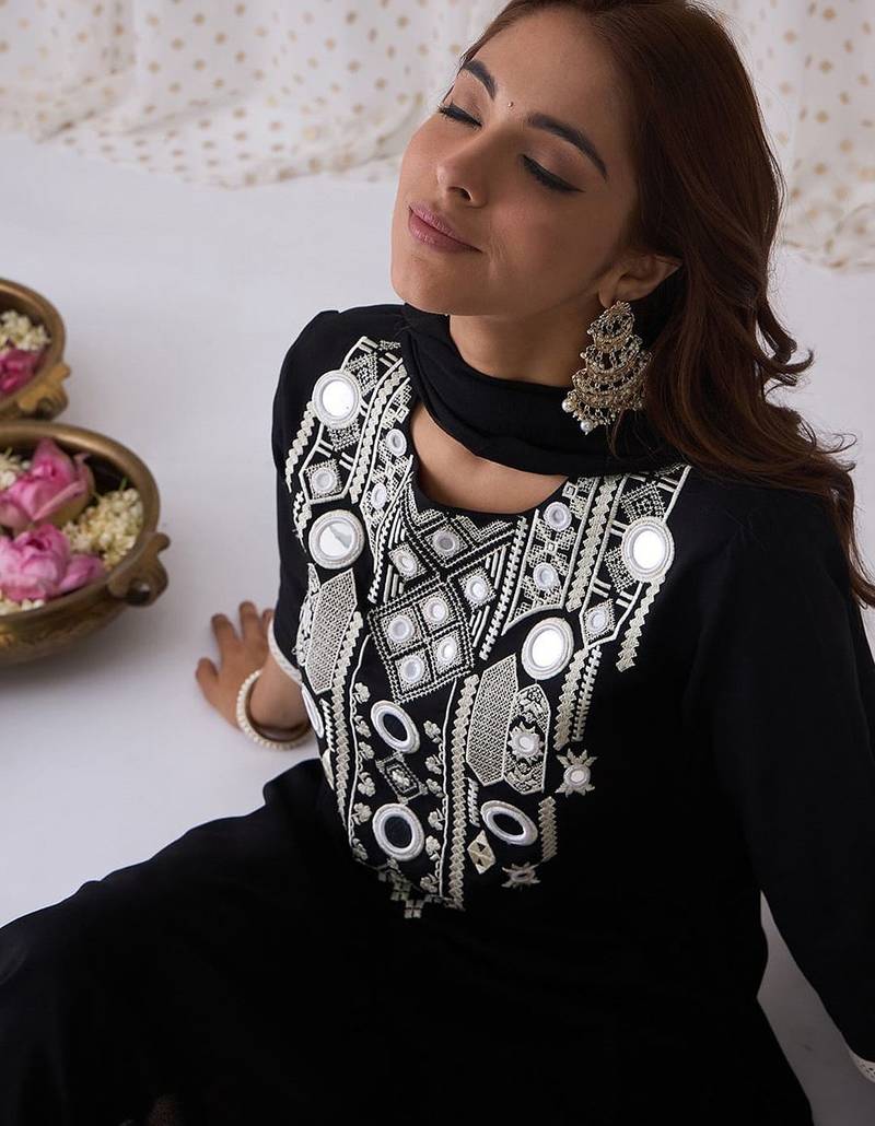 Ethnic Embroidered Round Neck Straight Kurta with Trousers & Dupatta
