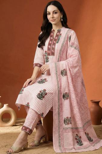 Women Printed Regular  Cotton Kurta with Trousers & With Dupatta