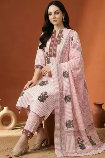 Women Printed Regular Pure Cotton Kurta with Trousers & With Dupatta