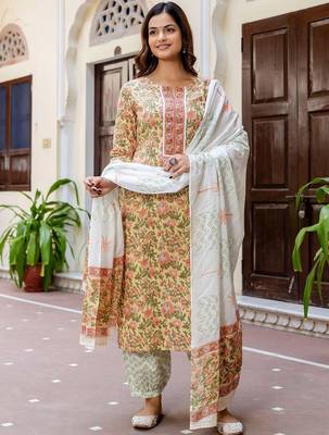 Floral Printed Notch Neck Pure Cotton Straight Kurta With Salwar & Dupatta 1